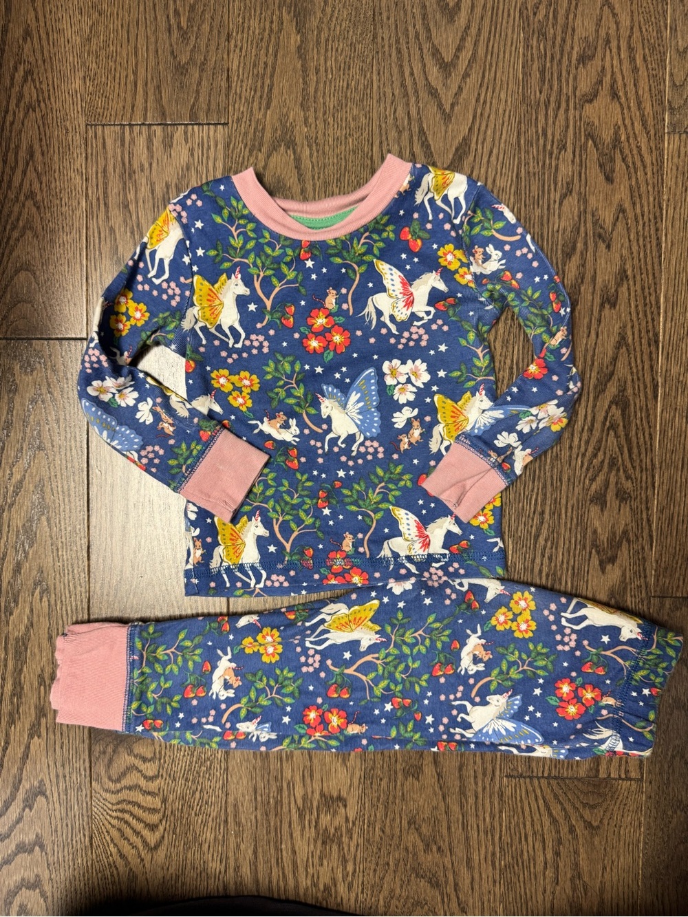 Mini Boden Navy Blue Unicorn & Floral Kids Pajamas with Pink Trim 2T